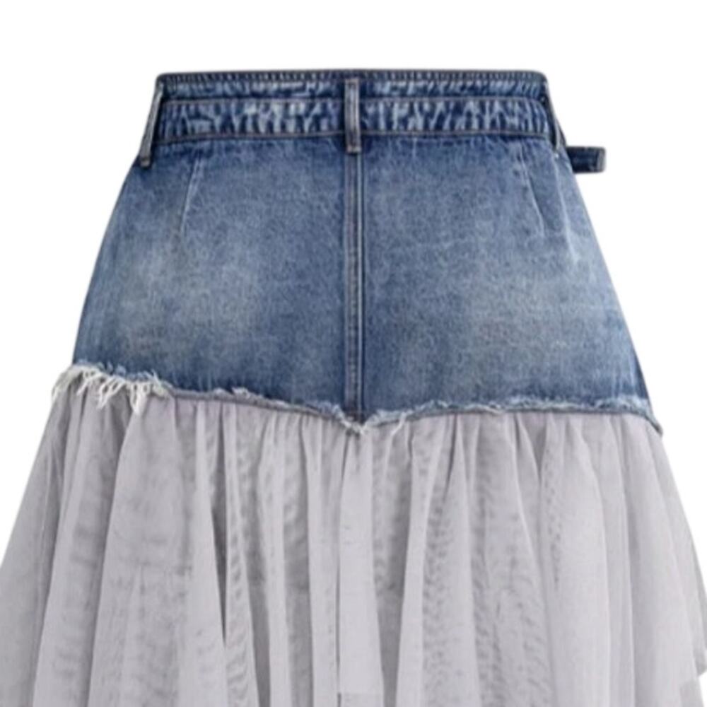 Micas denim & tulle midi skirt in light blue and gray - Picture 7 of 8